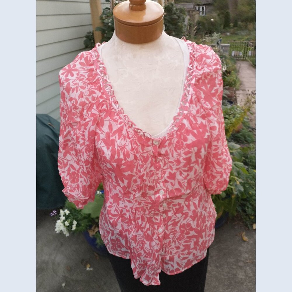 Blouse: Silk, pink, leaf print, looped piping neck. Size 10 - by Cynthia Steffe